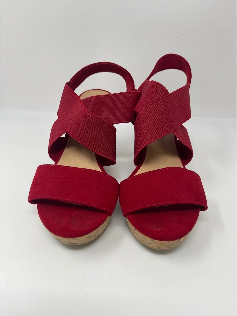 American Eagle Heels Womens Sz 9.5 Wedge Platform Sandals Red Suede Elastic Cork